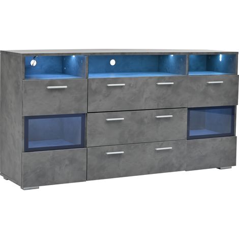 ELVMI Sideboard 2 Türen 3 Schubladen 3 Offene Fächer mit LED-Steuerung per App, Grau, 140 x 33.5 x 72.5 cm (1/4)
