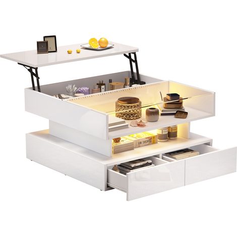 Table Basse Relevable Carrée 80x80 cm avec Rangement Caché, 2 Tiroirs et LED Contrôlable par App, Finition Blanche Brillante (1/5)