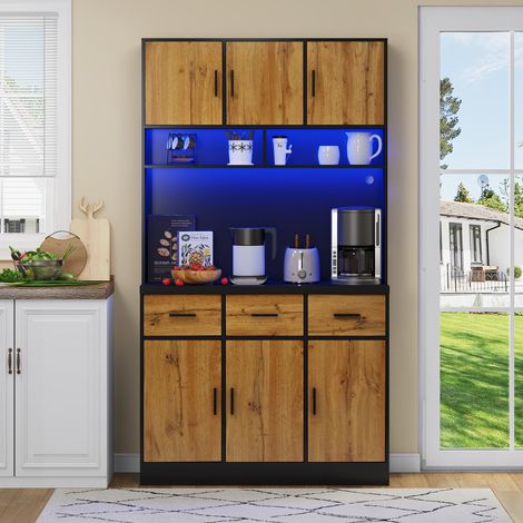 Buffet 100x40x180cm avec éclairage LED pilotable par application, tiroirs, étagères réglables, passe-câbles et prises intégrées, idéal pour cuisine et salle à manger (1/5)
