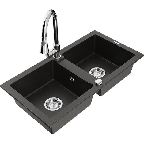 Mexen Mario Granitspüle 2-Kammer mit Küchenarmatur Elia, schwarz/gold metallic - 6504-75-670101-00 (1/5)