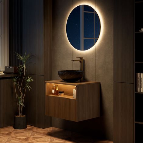 DESMIU Meuble sous vasque avec vasque en céramique, tiroir et niche LED à capteur, pour salle de bain, noir et chêne brun (1/4)