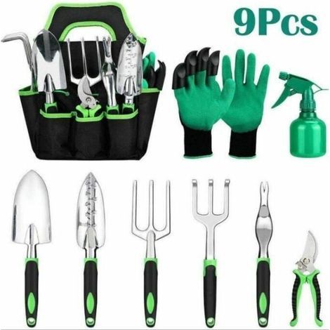 Juego de 9 herramientas de jardinería con bolsa de almacenamiento, regadera y guantes de jardinería. (1/5)