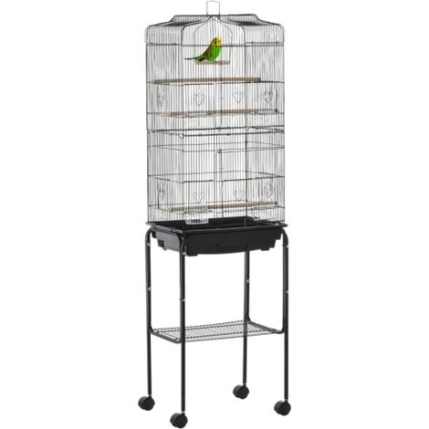 Black Bird Cage for Budgies,Finches,Canaries with Stand,Wheels,Slide-out Tray and Storage Shelf,46.5x36x157 cm (1/5)