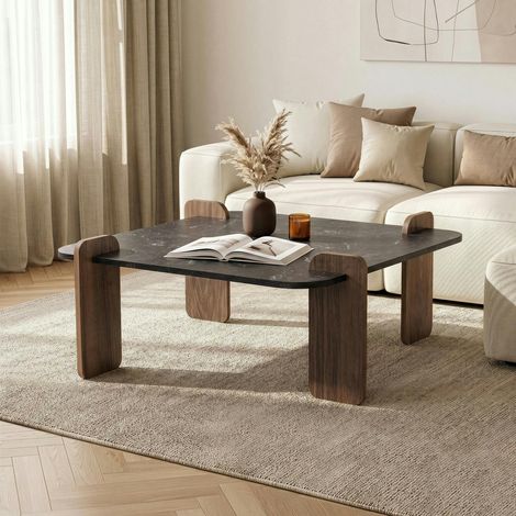 Table basse carrée décor marbré noir et noyer MARFA (1/5)
