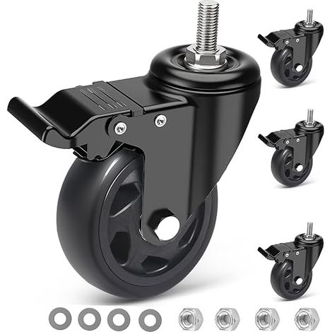 100 mm Threaded Stem Furniture Casters M10 x 0.2 x 30 mm, Set of 4 Swivel Castors with Brake, Double Ball Bearings Heavy Load Castor 360° Rotation, Up to 550 kg (1/5)