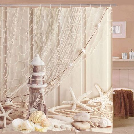 Duschvorhang aus Stoff mit Ringen – 200 x 200 cm – Muschelmuster – Digitaldruck – Polyester – Schimmelresistent – Beige