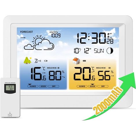 Station météo sans fil avec capteur à distance, batterie intégrée de 2000 mAh, baromètre, horloge DCF, prévisions météorologiques, alerte de risque de moisissure pour intérieur et extérieur (1/5)