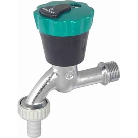 JS Grifo de jardín, bloqueable con racor para manguera, DN15, cromo mate, maneta negro/verde, 0019301520001