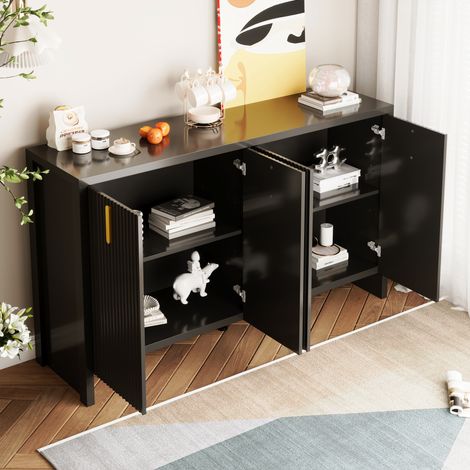 Sideboard mit 4 Türen und Verstellbaren Einlegeböden, Goldfarbenen Griffen, Moderner Stil, aus Spanplatte, 140×38×80 cm, Schwarz