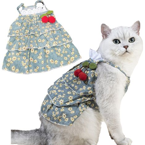 1 robe pour chien, manches bouffantes, imprimé floral, coton respirant, taille S (tour de poitrine 34-36 cm), pour petites races (1/5)