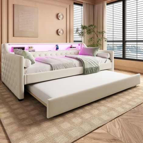 Letto bambini 90x200 cm con letto aggiuntivo 90x190 cm, illuminazione LED, porta USB, vani portaoggetti e rete a doghe, senza materasso, beige (1/5)