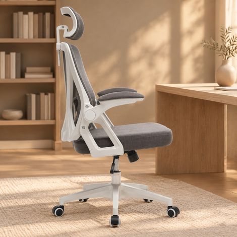 Sedia da ufficio ergonomica in rete grigia con poggiatesta e supporto lombare regolabile DESVIAE (1/5)