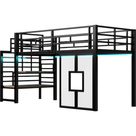 Letto a soppalco in metallo 90 x 200 cm nero con scala, contenitori, LED e finestre (1/5)