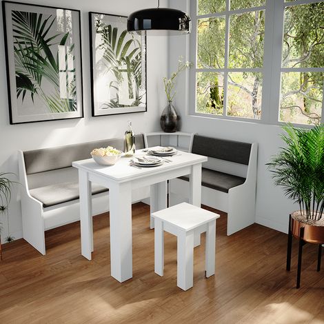 Conjunto con banco esquinero Roman, Blanco, 180 x 41.5 cm con mesa, Vicco