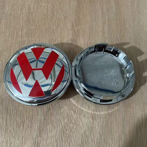 Cache-moyeux pour jantes Volkswagen avec logo Wolfsburg, enjoliveur central roue compatible Golf, Passat, Touran, Bora, emblème VW finition rouge chromé 65 mm, lot de 4 pièces