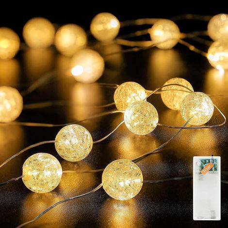 Guirlande lumineuse boules de cristal déco, 2M guirlande lumineuse boules de cristal crackle avec 20 LED à piles avec minuterie, guirlande lumineuse déco pour intérieur, Noël, Saint-Valentin (1/5)