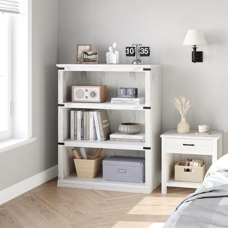 Bibliothèque blanche à 3 étagères 80 x 31 x 101 cm style ferme pour chambre et salon (1/5)