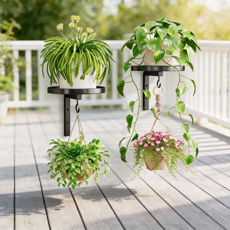 Lot de 2 étagères murales pour plantes avec rebord surélevé, support flottant pour fleurs, pour une utilisation intérieure et extérieure, maintient les pots en toute sécurité. (1/5)