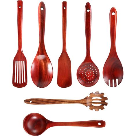 Lot de 7 ustensiles de cuisine en bois de teck - Cuillères et spatules - Résistants à la chaleur - Pour la cuisine et le service (1/5)