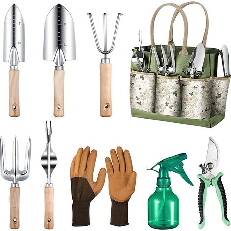 Outils de jardinage, ensemble de jardinage en acier inoxydable 9 pièces avec sac de rangement XL, arrosoir, gants, ensemble de jardinage cadeau pour hommes et femmes (1/4)