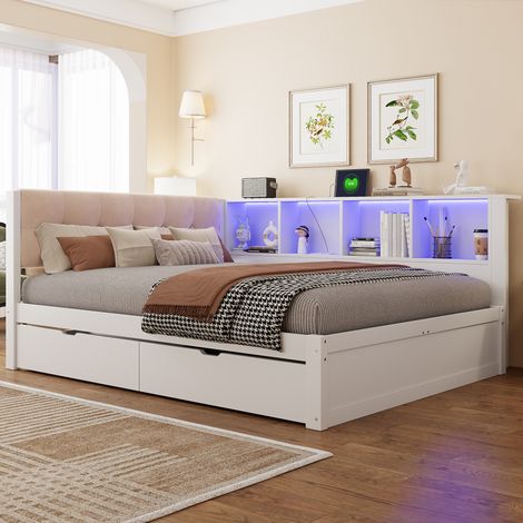 Letto daybed 205x165x83 cm, con 2 cassetti, mensola laterale, USB e LED dimmerabile, pino e MDF bianco (1/5)