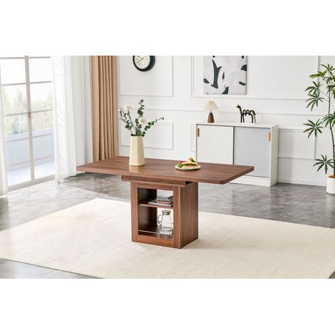 Modern Walnut Extendable Dining Table with Storage Shelf, Space-Saving Wooden Kitchen Table for 4-8 People, Expandable Dinner Table with Metal Slides (1/5)