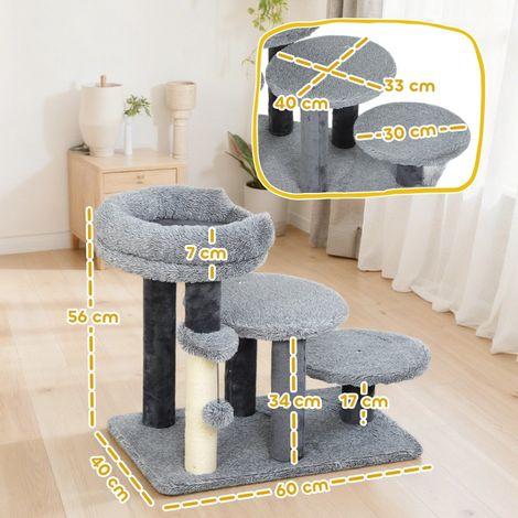 Arbre à chat avec escalier, griffoir sisal, tissu peluche doux, base stable, couleur gris, pour chatons et adultes, jeu et repos. (1/5)