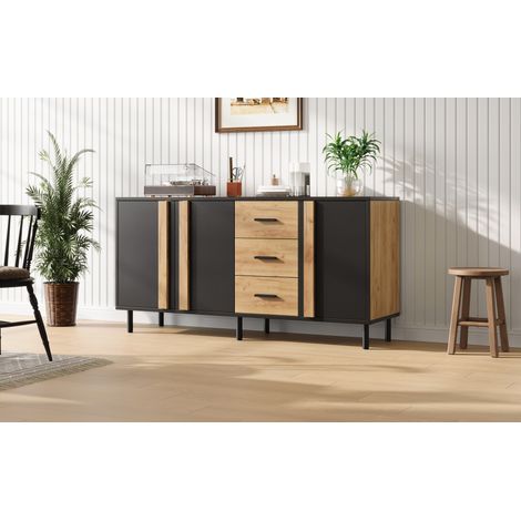 Sideboard 140x35x70 cm, mit 3 Türen und 3 Schubladen, 6 Metallbeinen, aus MDF, Schwarz (1/5)