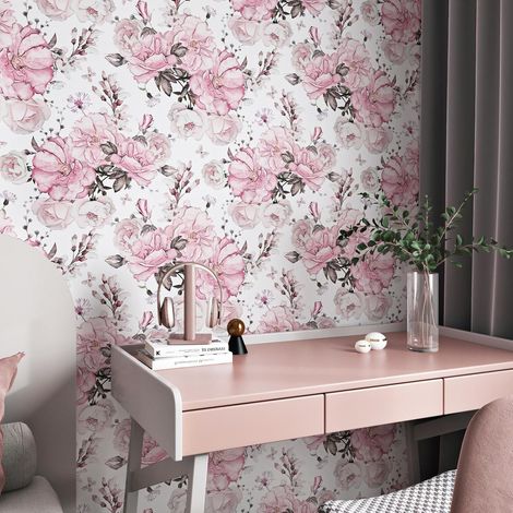 Papier Peint Adhesif Floral Rose Rouleau Adhésif Decoratif Pour Meuble Vinyle Adhésif Rose Pour Chambre Fille Revetement Adhesif Meuble Papier Peint Autocollant Fleurs Vintage 44,5cm x 300cm (1/5)