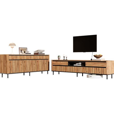 Conjunto mueble TV 180 cm y aparador 160 cm en madera y metal natural negro (1/5)