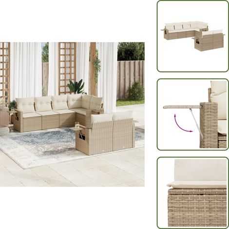 7-tlg. Garten-Sofagarnitur mit Kissen Beige Poly Rattan - Gartengestell - Gartenmöbel Set - Outdoor Möbel - Lounge Garnitur - Rattan Gartenmöbel (1/5)