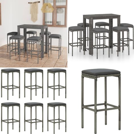 Ensemble de bar de jardin 7 pcs et coussins Résine tressée Gris - Salon De Jardin - Mobilier De Jardin - Set De Salon De Jardin - Ensemble De Bar Extérieur - Table De Bar - Home & Living