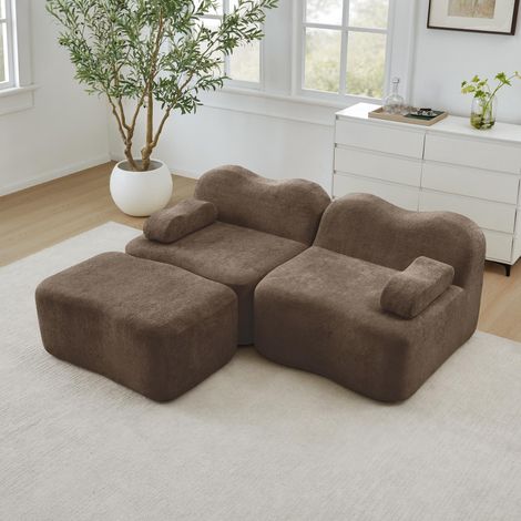 Canapé d'angle modulable 2 places sans structure, avec 1 pouf, forme ondulée, coussins d'accoudoirs amovibles, idéal pour le salon et l'appartement, livré monté, marron