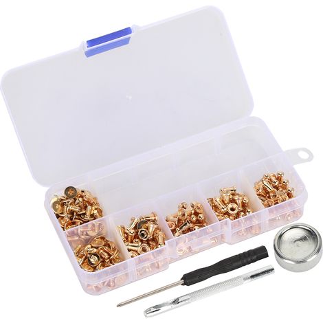 100 rivets ronds à tête de moine, vis en laiton, clous, boutons dorés pour la confection de vêtements en cuir, 3 outils inclus