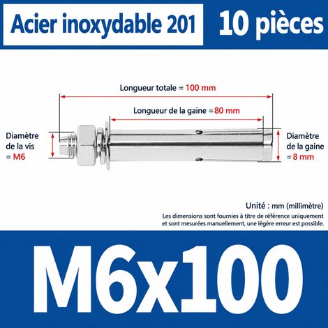 Goujons d'ancrage à expansion M6x100 mm inox 201 lot de 10 m6 100 10 pièces 1 kg – Livraison gratuite