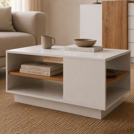 Mesa de Centro Karada, 2 Compartimentos, Forma Rectangular, Tapa Color Blanco, 100x46x60h cm Blanco (1/4)