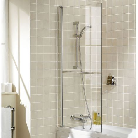 Signature Classic Single Panel Square Hinged Bath Screen with Towel Bar 1500mm H x 800mm W - 6mm Glass (1/2)