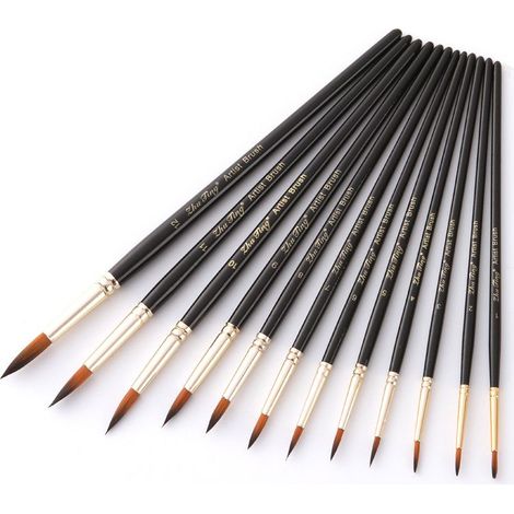 12 Pièces Nylon Pinceaux Peinture Acrylique Professionnel, Artiste Pinceau Set pour Aquarelle Gouache Peinture à l'huile, Art Paint Brush Ronds Pointus Langue de Chat Ovale Lavage (Noir) (1/5)