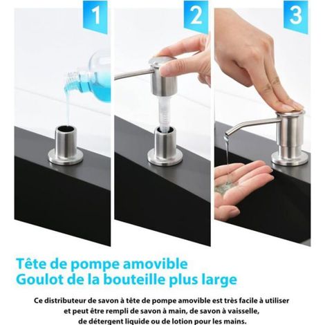 Distributeur Savon Evier Cuisine Acier Inoxydable, Distributeur Savon Integre avec Bouteille 500ML et Ensemble de rallonge de 1,0 m (1/5)