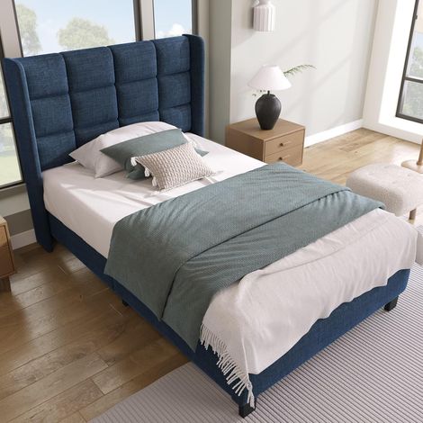 Lit 1 Place 90x200cm avec Tête Capitonné,Lit Adulte avec Sommier à Lattes,Tissu de Lin,pour Enfant Adolescent et Adulte,sans Matelas (Bleu, 90x200)