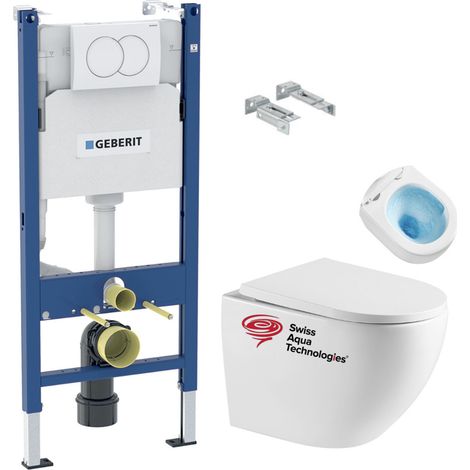 Bati-support Geberit Duofix pacchetto WC + WC Swiss Aqua Technologies senza flangia + placca di comando Delta01 bianco (FusionTQ