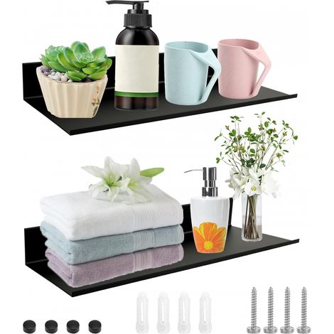 Étagères Murales en 30124cm Tablette Flottante Aluminum Étagère Rectangulaire pour Salle de Bain salon ChambreNoir 2 pcs 4cm Métal Noir (1/4)