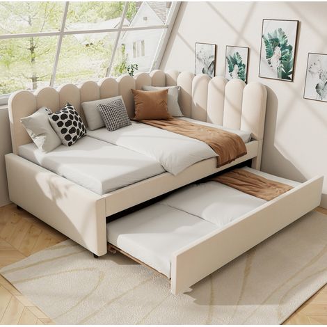 Lit gigogne 140 x 200 cm Canapé lit rembourré en velours avec design en L dossier forme pétale, pour angle chambre,beige (1/5)