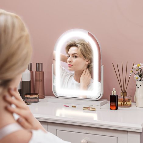 Miroir Maquillage Éclairage Led Réglable Lumière Rotation 360° Contrôle Tactile Blanc 33x12x44,5cm (1/4)