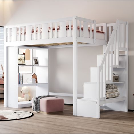 MEUBLIV Cama alta 90x200 cm blanca – con escalera de almacenaje, sin colchón (1/5)