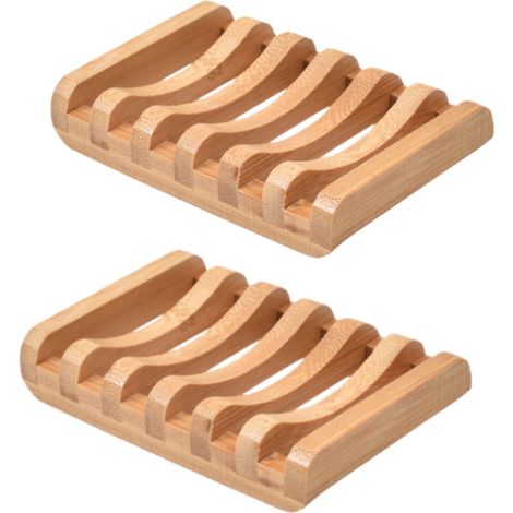 Lot de 2 porte-savons en bambou ajouré avec trou de drainage - Porte-savon de salle de bain - 11,5 x 8 x 2,2 cm - Couleur bois (1/4)