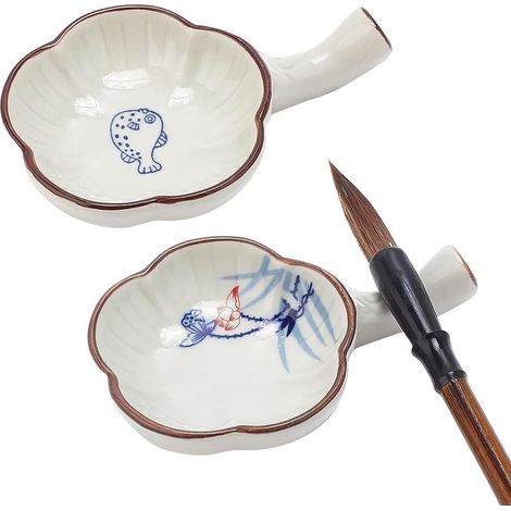 Plat à Encre en Porcelaine avec Poignée pour Calligraphie Chinoise Sumi-E Peinture, Porte-Pinceau Forme de Fleur (1/5)