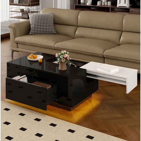 Mesa de centro con LED, tablero extensible y cajón, MDF negro y blanco brillante DESVIAE (1/5)