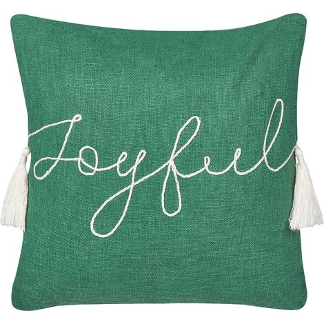 Cojín estampado Navidad 45 x 45 cm funda de algodón extraíble relleno poliéster borlas verde Elettaria (1/5)