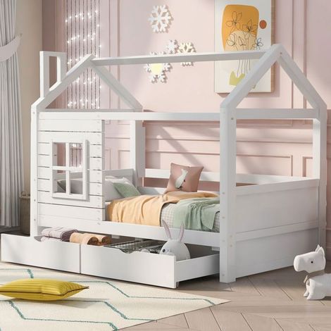 Lit enfant - SOGEU - Lit cabane 90x200 - Pin massif - 2 tiroirs sur roulettes - Sommier à lattes (1/5)
